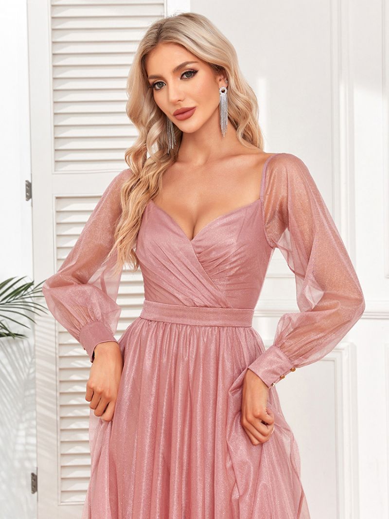 Dam Elegant Prom Dress Surplice Neck Illusion Ärmar Rosa Maxiklänningar - Rosa