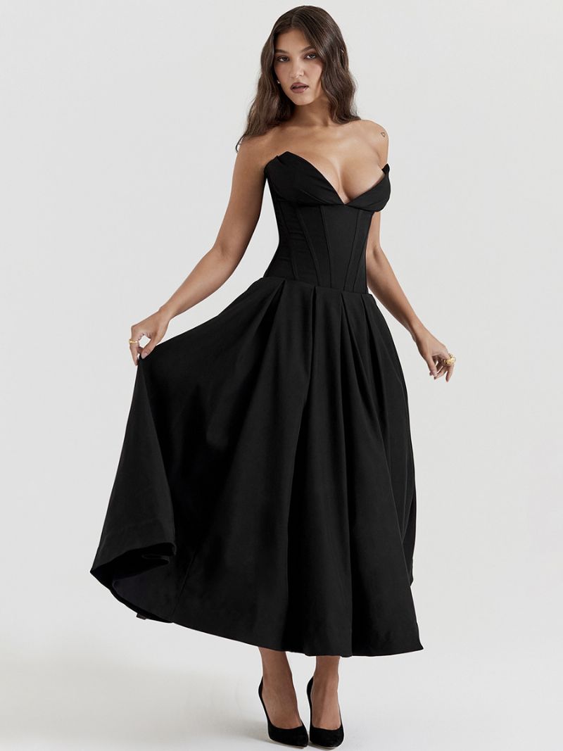 Kvinnors Princeess Line Klänning Plunge Bodice Full Circle Skirt Prom Midi-klänningar - Svart