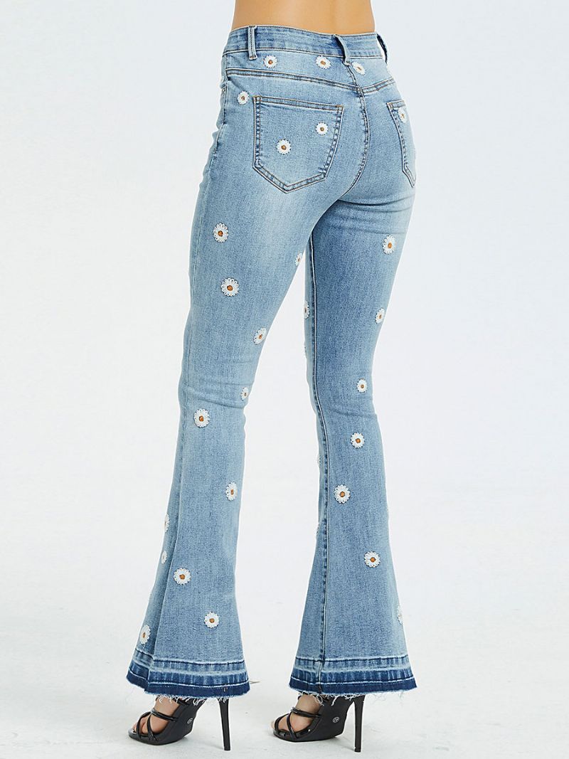 Bootcut-jeans För Damer Daisy-broderade Medelhöga Utsvängda Bottnar - Blå