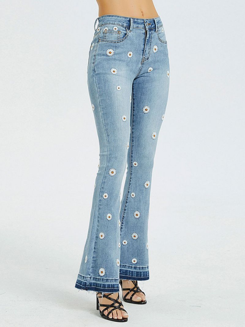Bootcut-jeans För Damer Daisy-broderade Medelhöga Utsvängda Bottnar - Blå