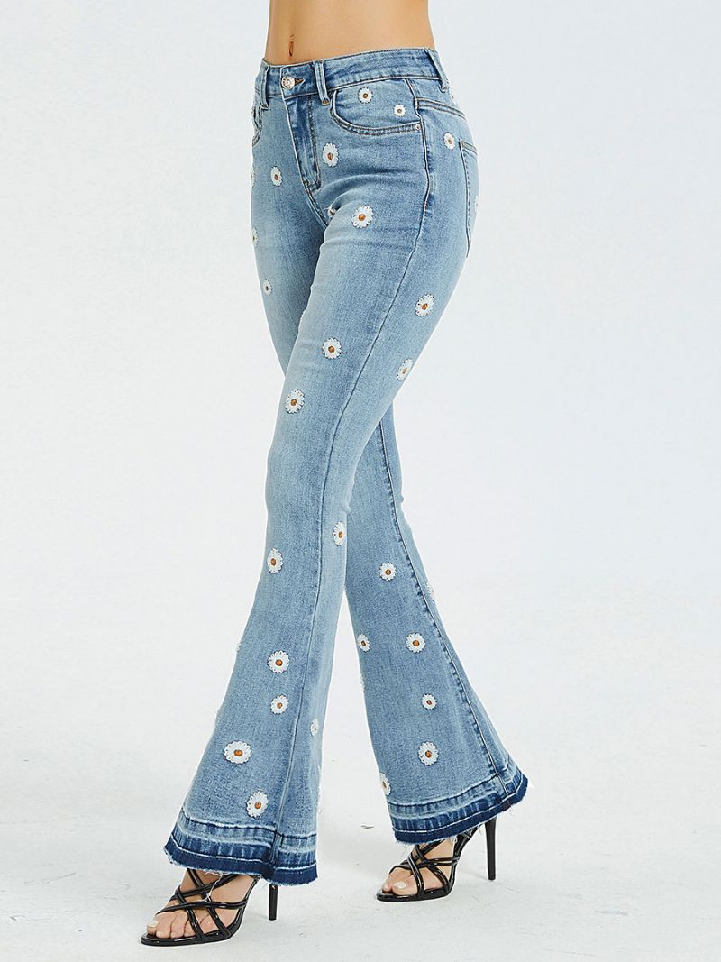 Bootcut-jeans För Damer Daisy-broderade Medelhöga Utsvängda Bottnar - Blå