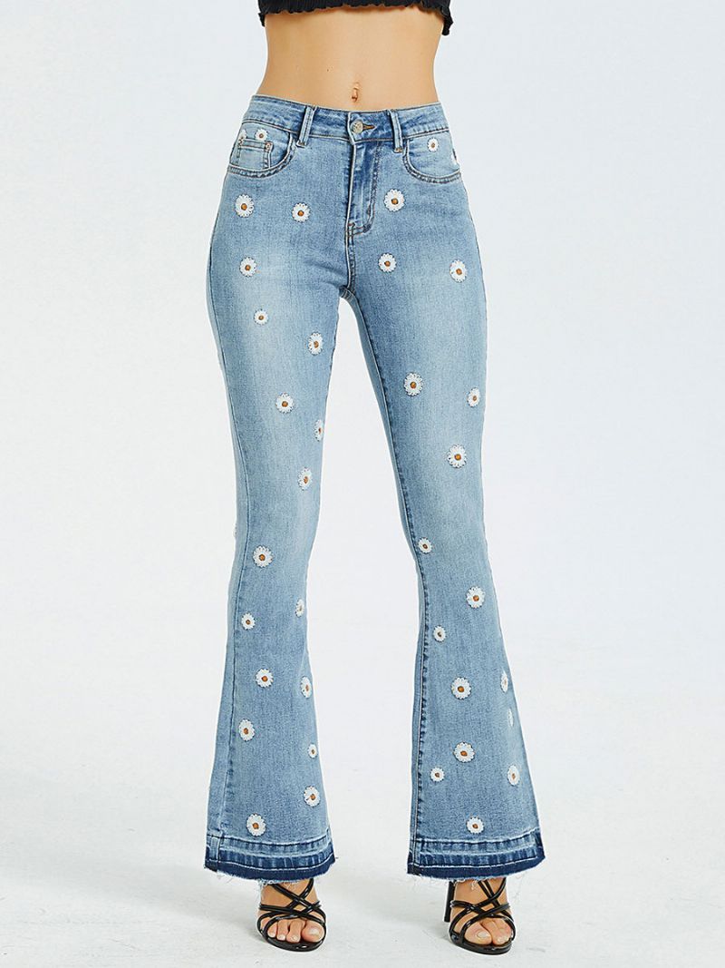 Bootcut-jeans För Damer Daisy-broderade Medelhöga Utsvängda Bottnar - Blå