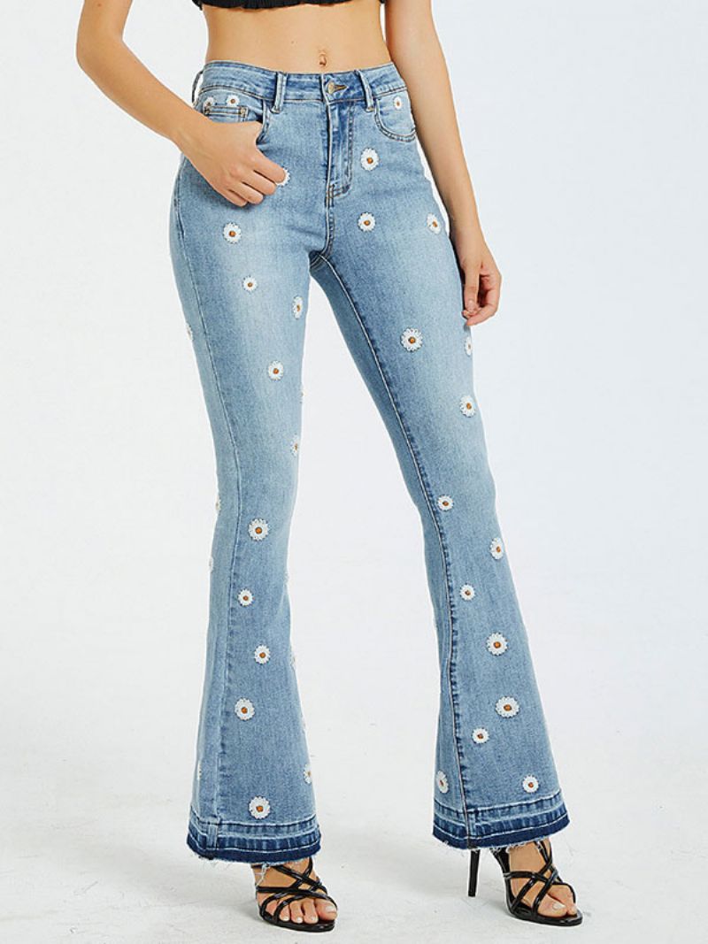 Bootcut-jeans För Damer Daisy-broderade Medelhöga Utsvängda Bottnar - Blå