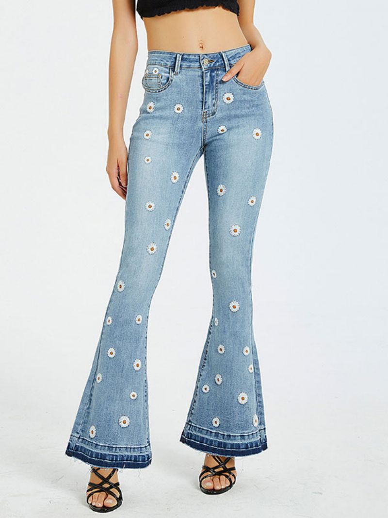 Bootcut-jeans För Damer Daisy-broderade Medelhöga Utsvängda Bottnar - Blå