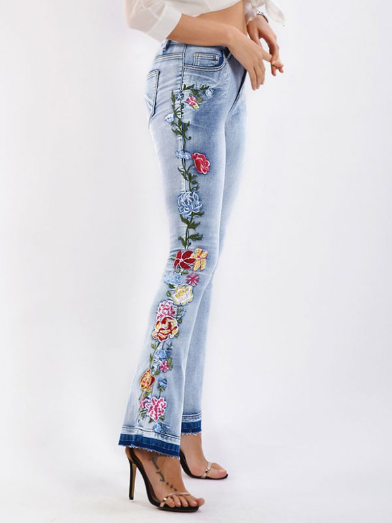 Bootcut-jeans För Kvinnor Medelhög Broderade Flare-bottom - Blå
