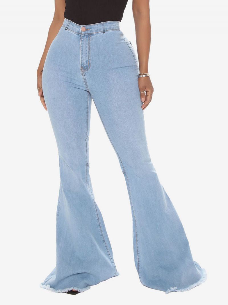 Flare Jeans För Kvinnor Raw Edge High Rise Bell Bottoms - Ljus Himmelsblå
