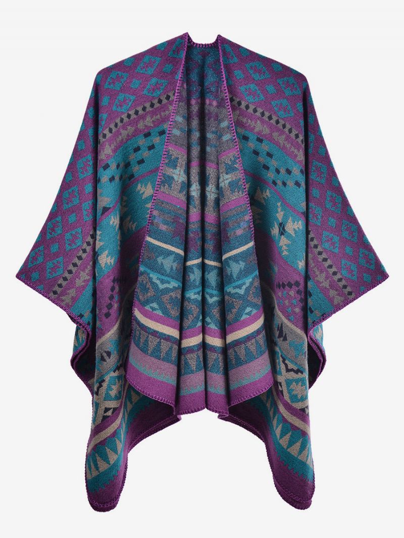 Bohemian Kvinnor Cape Geometrisk Oversized Höst Vinter Poncho - Lila