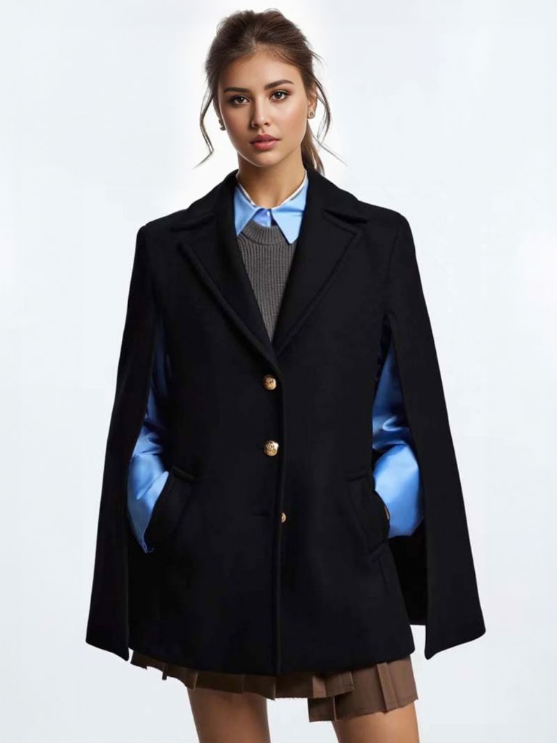 Dam Svart Poncho Coat V-ringad Kappa Cape Vinter Ytterkläder