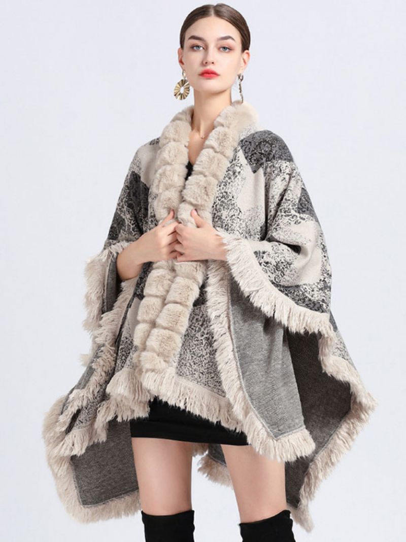 Kappa Cape Faux Fur Wraps Sjal Spring Poncho Coat För Kvinnor - Beige