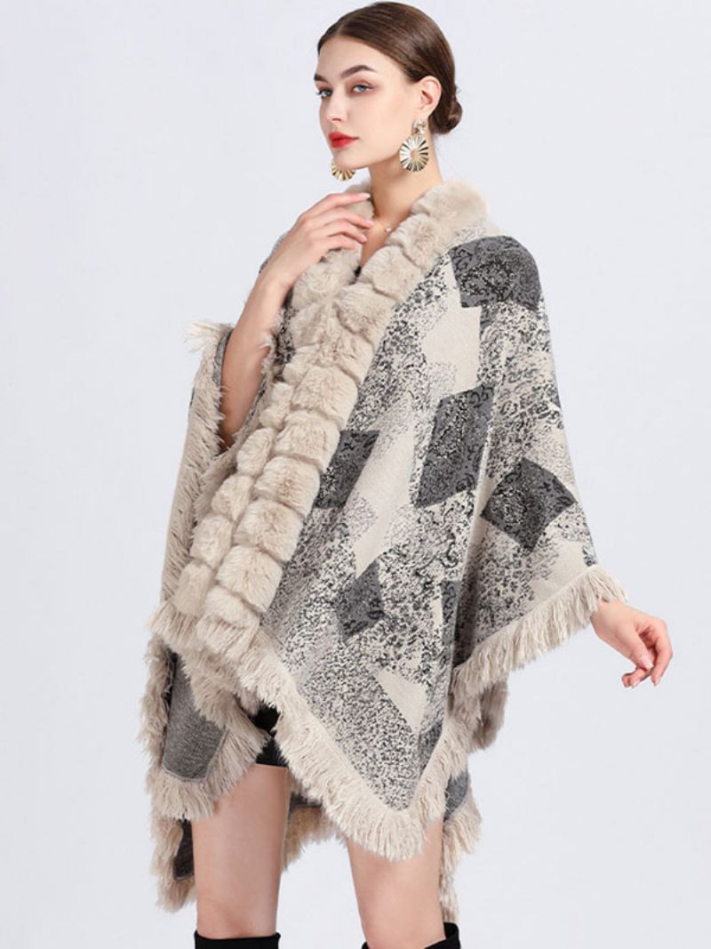 Kappa Cape Faux Fur Wraps Sjal Spring Poncho Coat För Kvinnor - Beige
