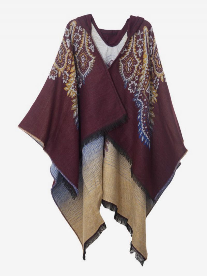 Kvinnor Poncho Tryckt Hooded Röd Oversized Fringe Cape - Kaffe Brun