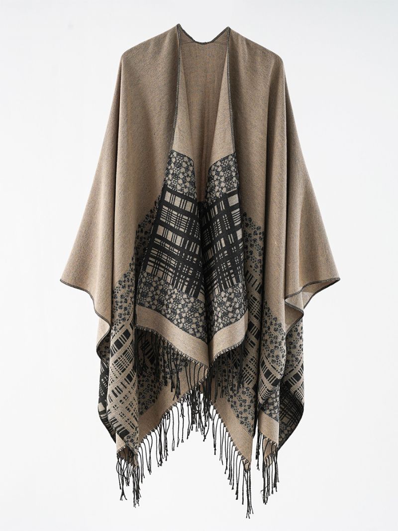 Kvinnors Rutig Poncho Vår Höst Daglig Casual Med Fransar - Khaki
