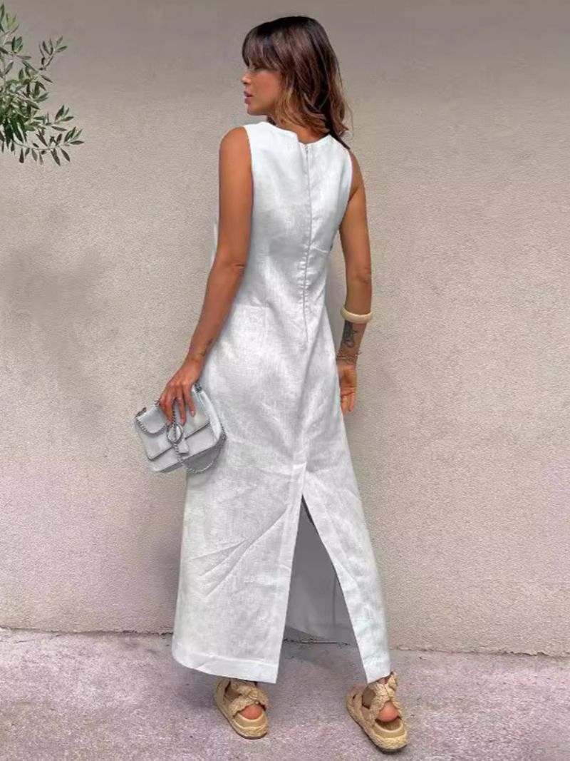 Skiftklänningar För Kvinnor Vit Jewel Neck Delad Front Polyester Oversized Vuxen Charmiga Tunikaklänning - Vit