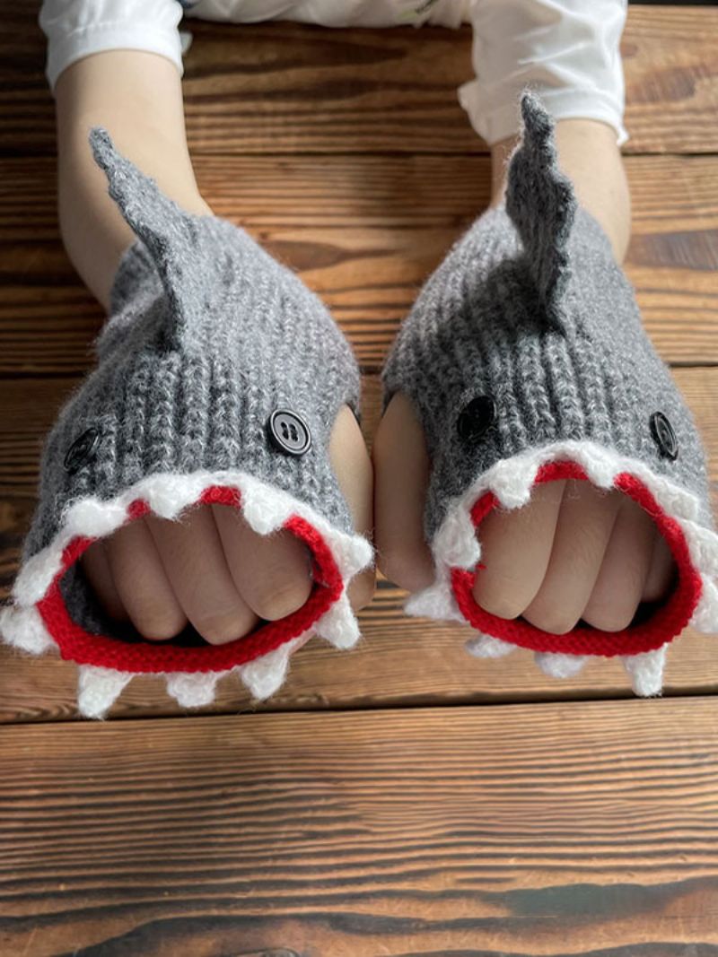Handskar För Kvinnor Animal Print Virkad Shark Form Fingerless Home Wear Winter Warm Cute Acc - Grå